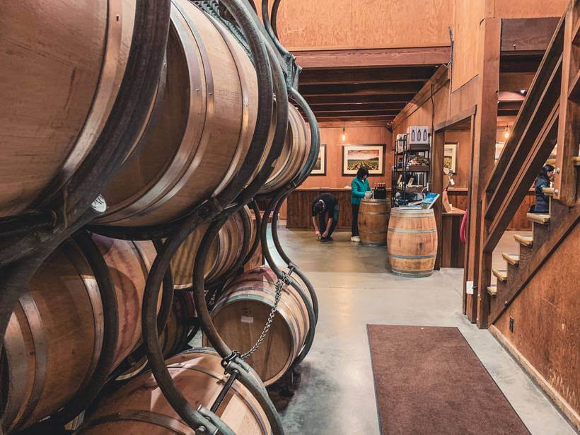 Oak barrels in a Napa Valley tasting room