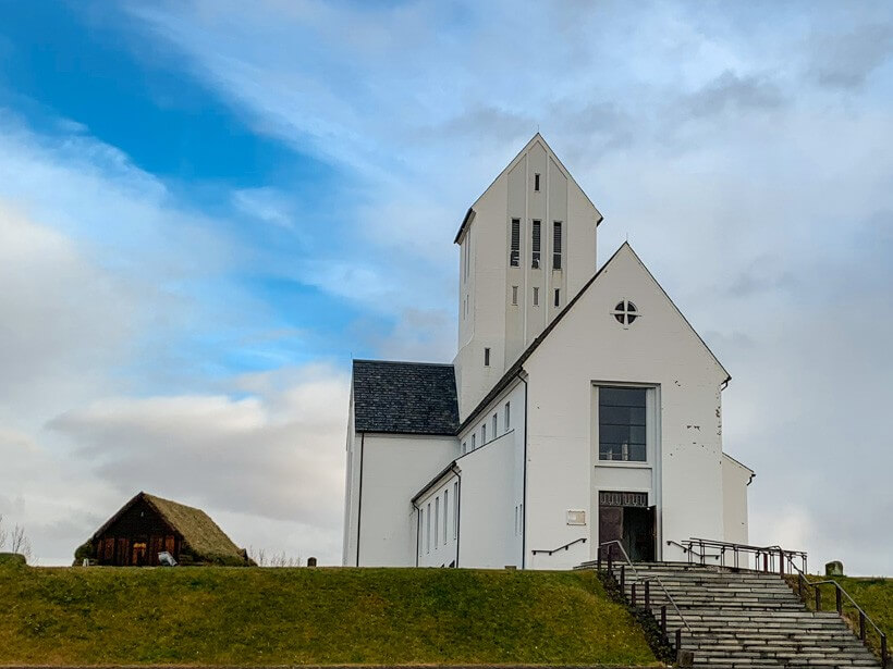 Angular white-washed church and blue skies on Iceland's Golden Circle