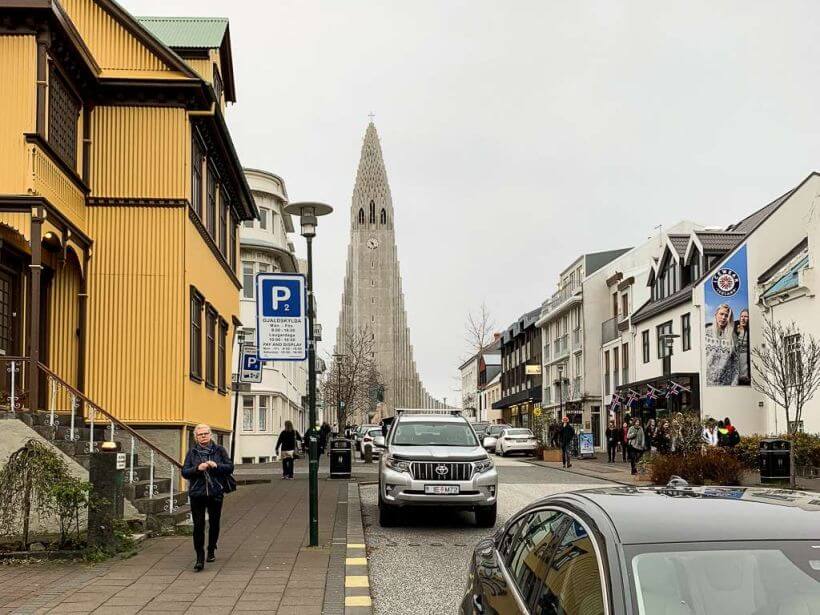 Street in Reykjavik with view of Hallgrimskirkja Church