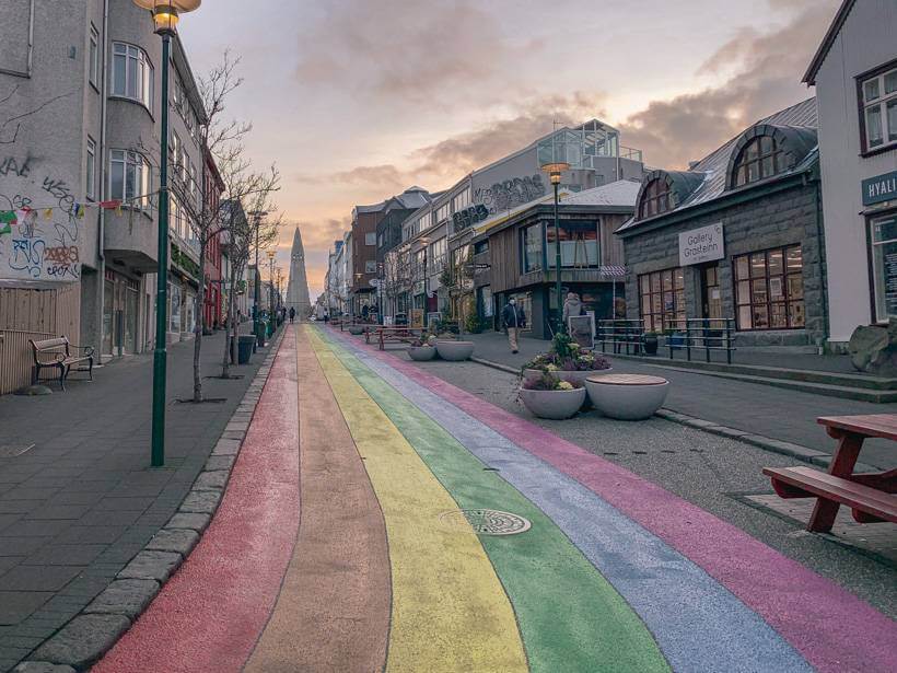 View of Hallgrímskirkja down rainbow street in Reykjavik - 4 days in Iceland