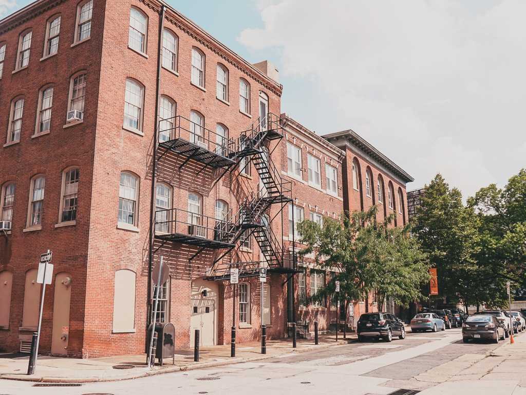 brick buildings with black fire escapes in Philadelphia