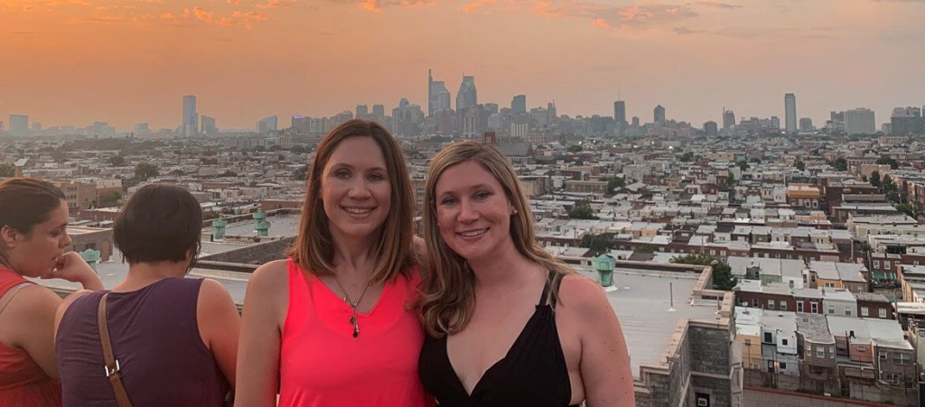 brunette and blonde woman on rooftop Bok bar during 2 days in Philadelphia
