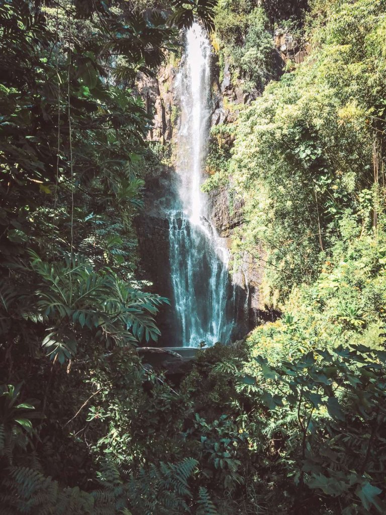 gorgeous tall waterfall off road to hana in maui