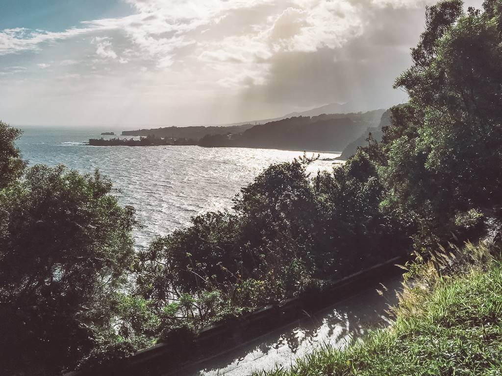 beautiful sunrise over pacific ocean on hana highway