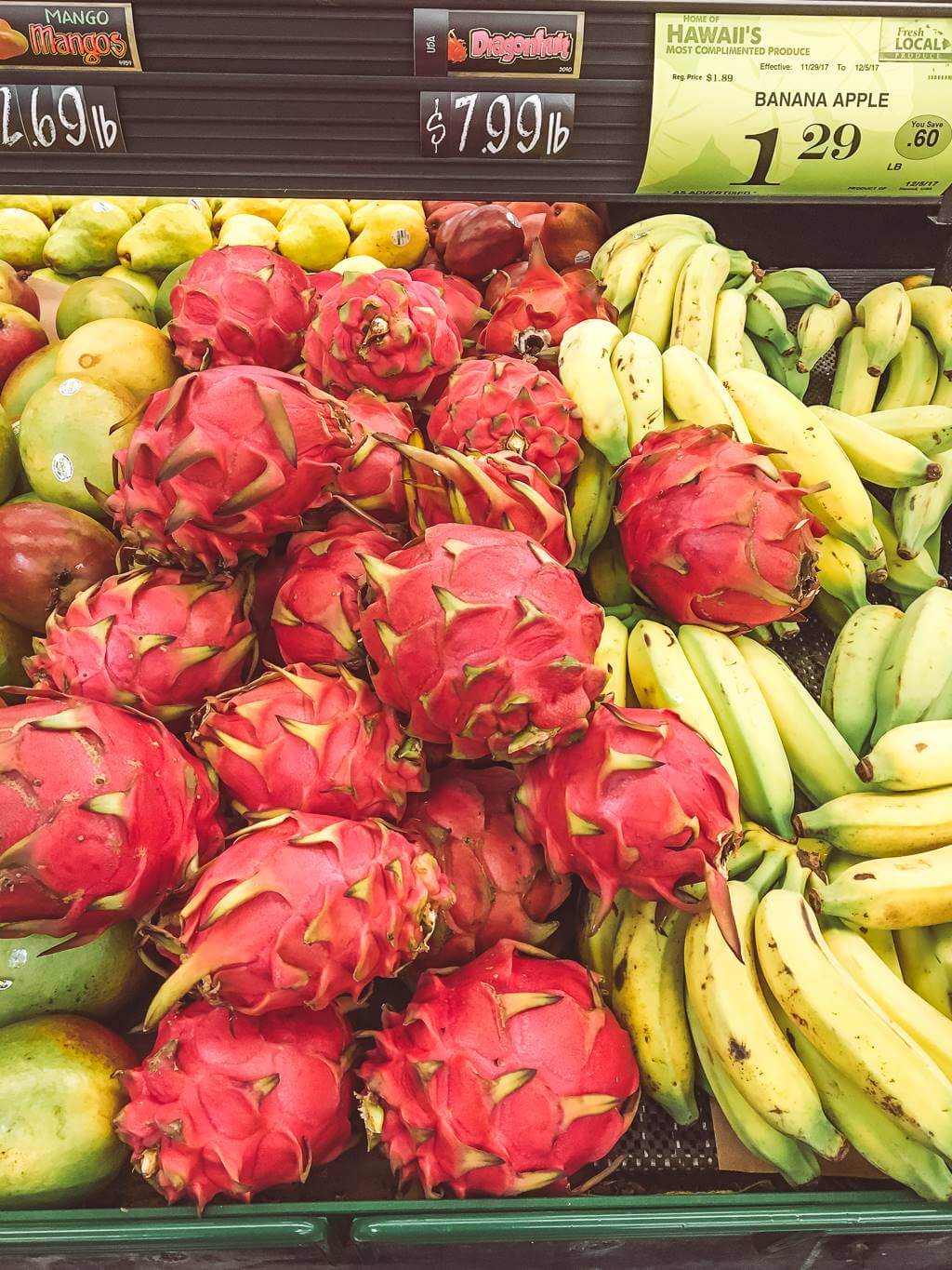 dragon fruit and bananas at the grocery store - maui on a budget