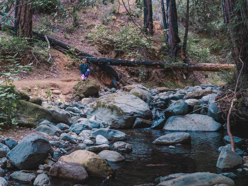 Girl kneeling next to a stream in Bothe State Park in California