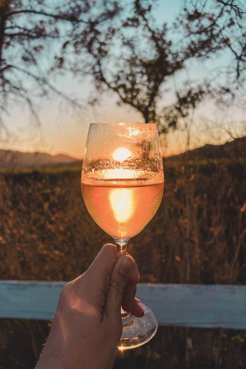 Hand holding wine glass in front of setting sun with vineyard in the background - napa valley itinerary