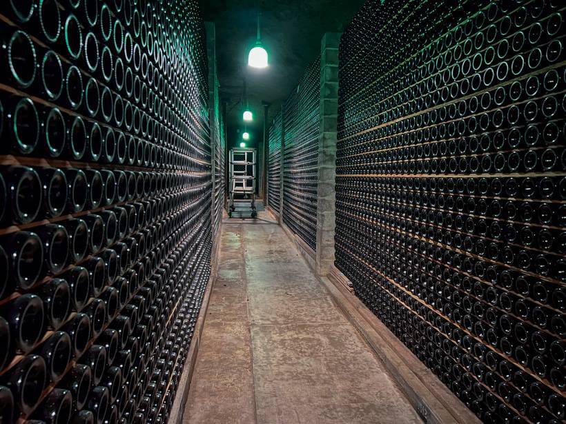 Rows of champagne bottles aging at Schramsberg