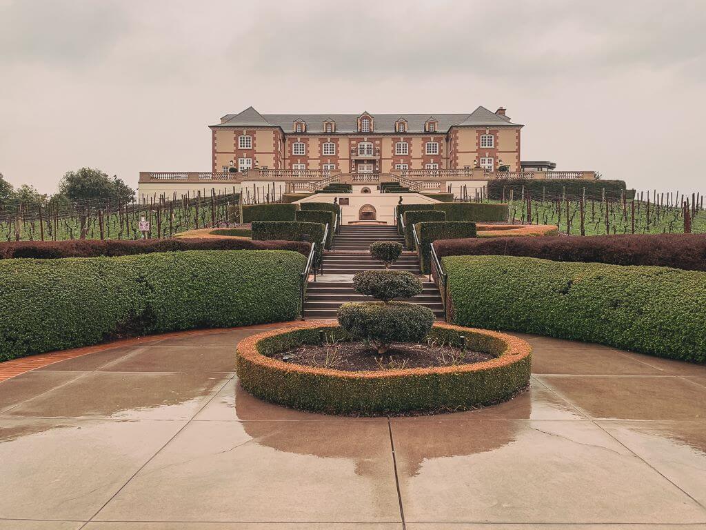 Grand entrance to Domaine Carneros mansion in Napa