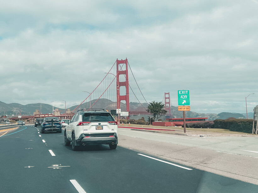 View of the Golden Gate bridge on drive from San Francisco International Airport