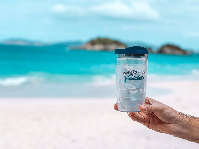 Tervis Cup filled with ice at Trunk Bay on St John USVI