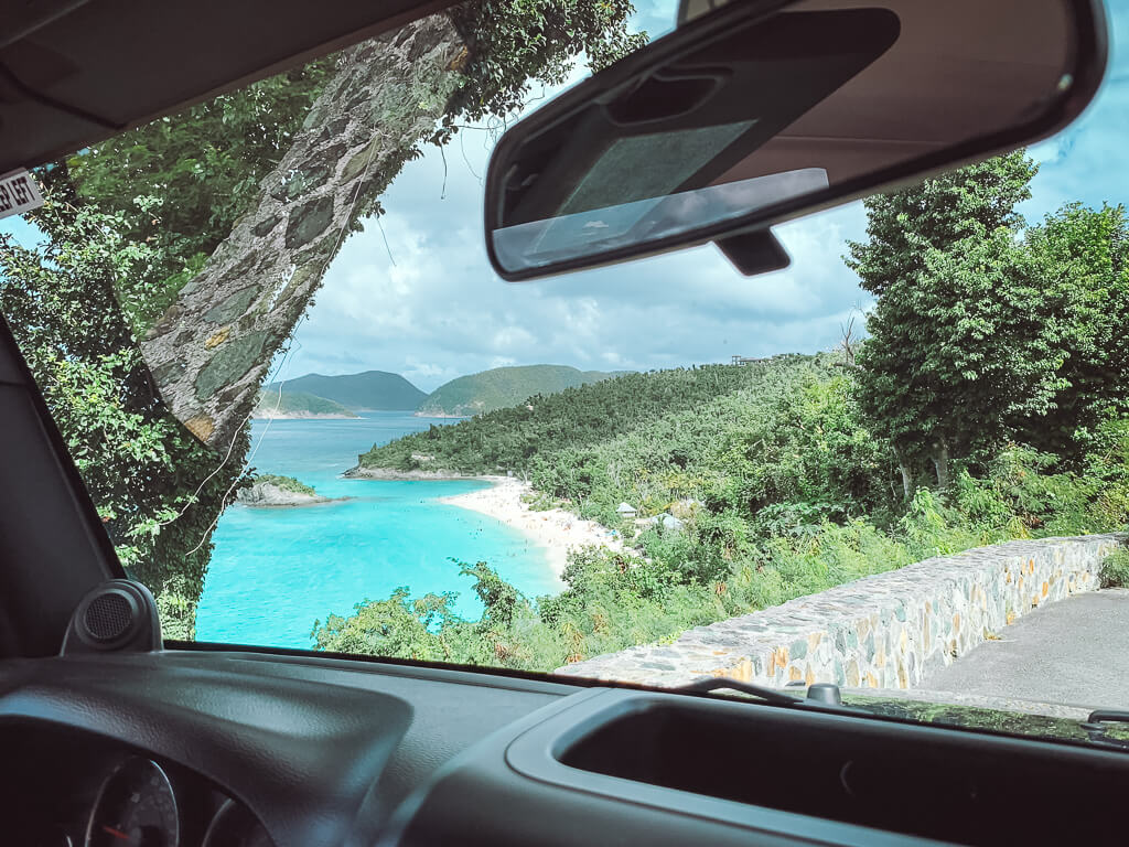 View of Trunk Bay overlook from rental car - st thomas to st john
