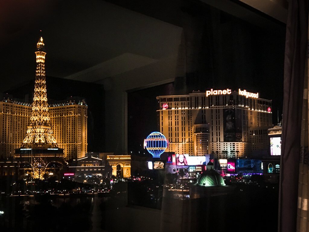 View of The Strip at night from the Bellagio Hotel