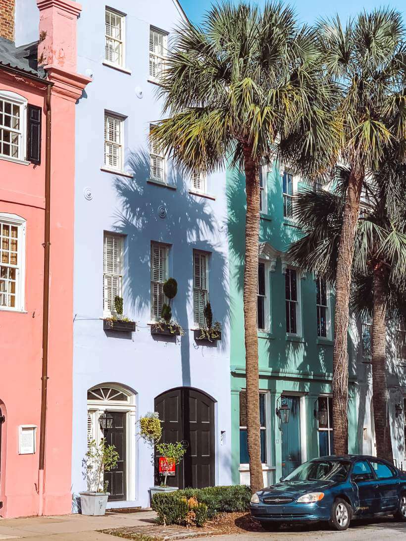 Vibrant Caribbean hues of the Rainbow Row in Charleston, SC