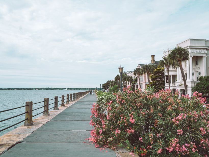 walking path along Charleston Riverfront passing beautiful homes and flower bushes - 3 days in Charleston