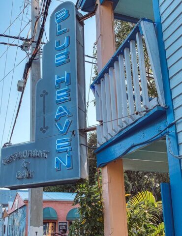 neon blue sign outside Blue Heaven - breakfast Key West