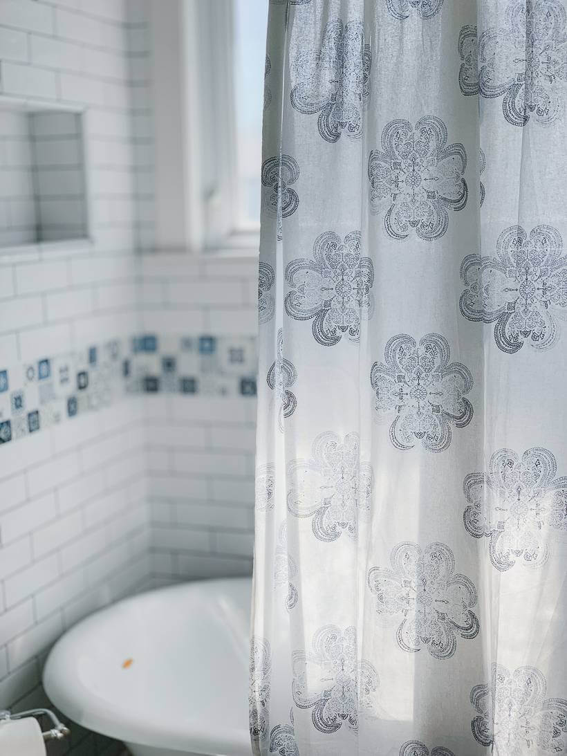 White shower curtain with blue design - Greece inspired bathroom