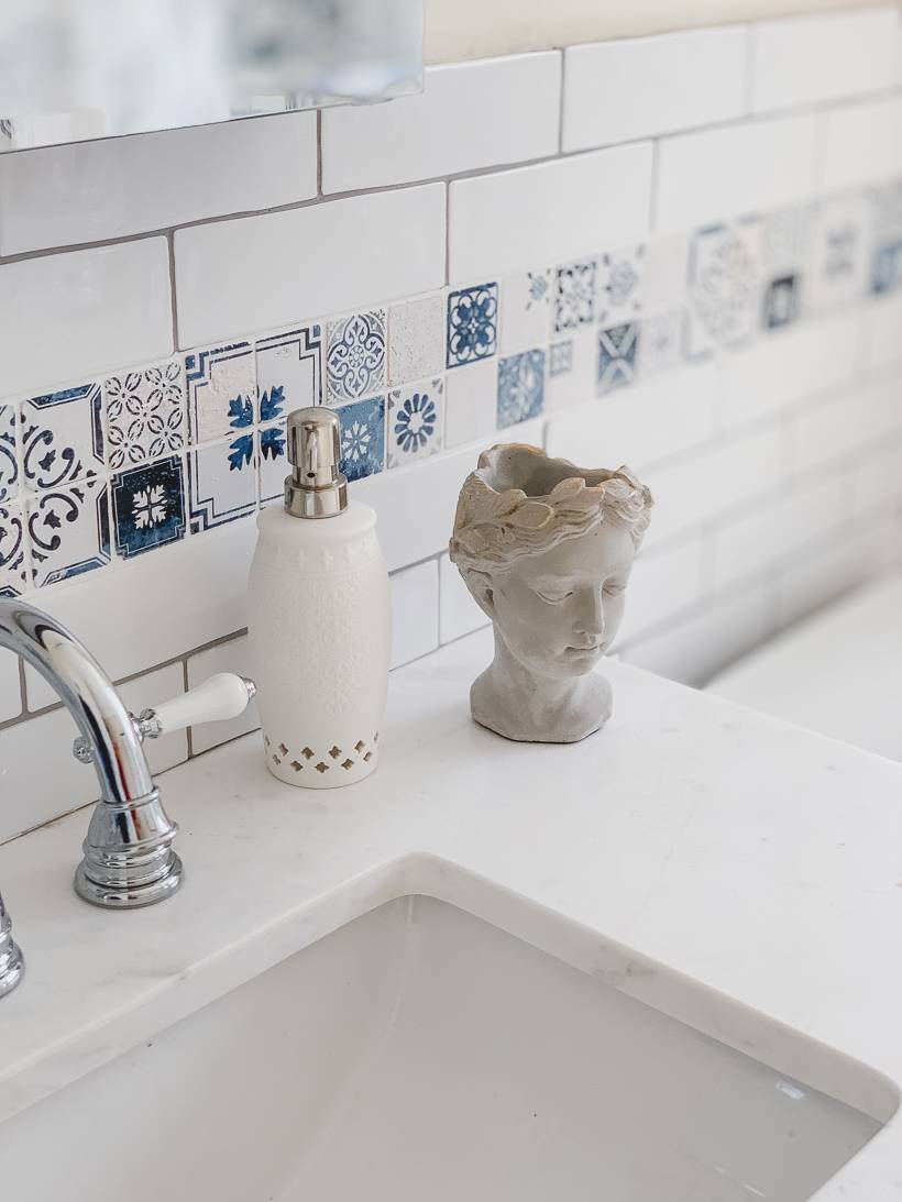 Greecian bust planter from Anthropologie in Greece inspired bathrooom