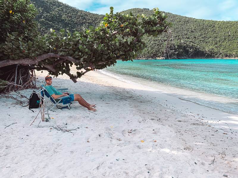 Man sitting in beach chair underneath tree near calm beach