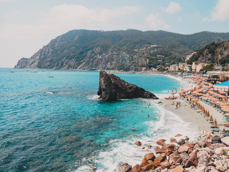 View of beautiful black rock at beach in Monterosso al Mare