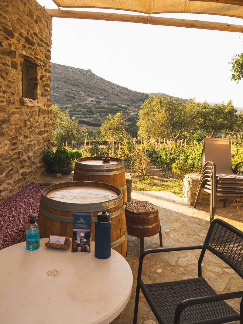 Tasting area of Saint Anna with beautiful hill views at sunset