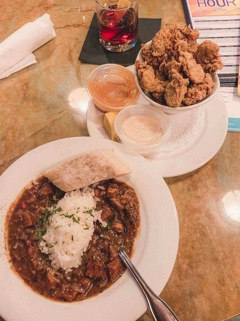 fried oysters and gumbo at bourbon street barrel room in Tremont