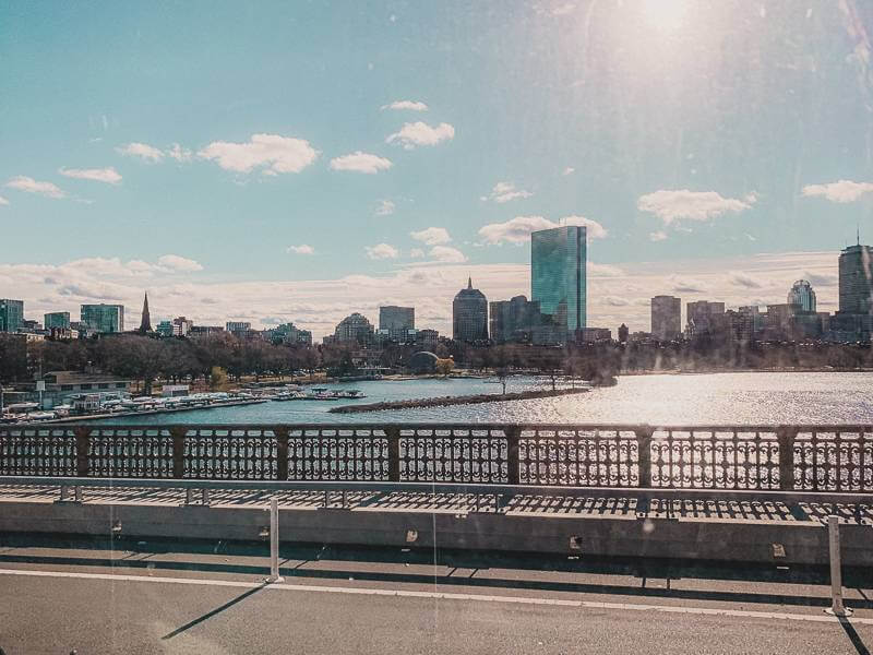 view from train of downtown Boston