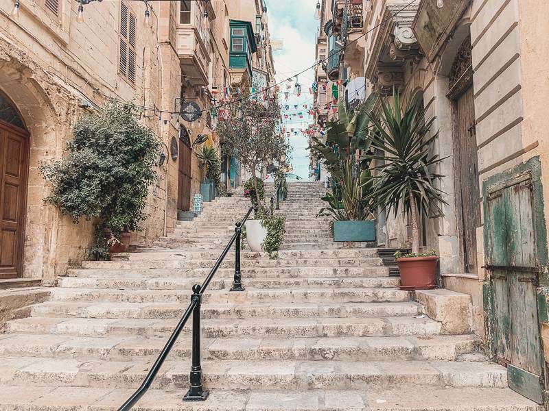 Stairs and decorated entryways in Valletta Malta