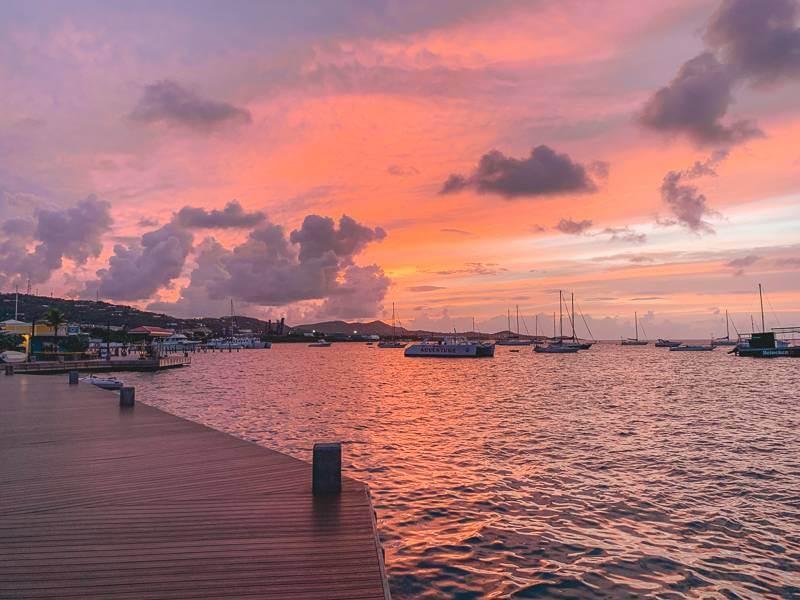 Pink and purple sunset from boardwalk in Christiansted