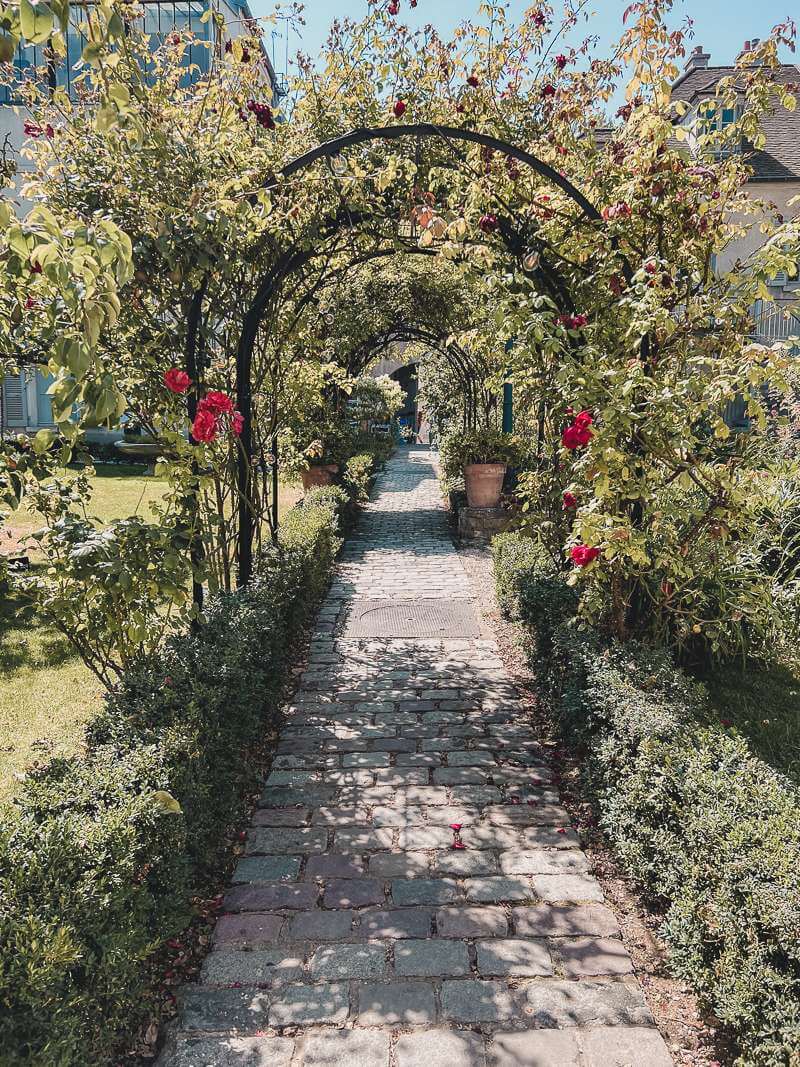 Leafy vine covered archway with roses over stone path