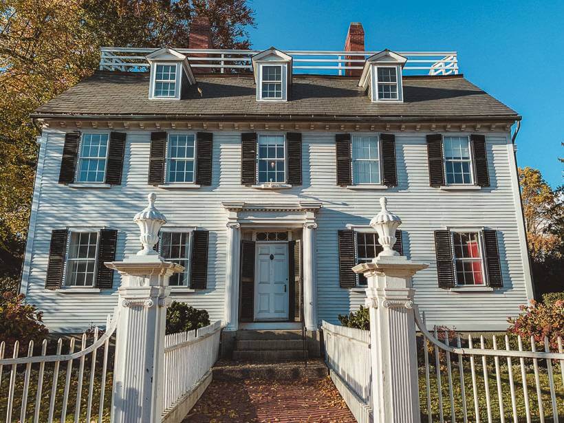 Front facade of white Ropes Mansion on Essex Street - things to do in Salem MA in October