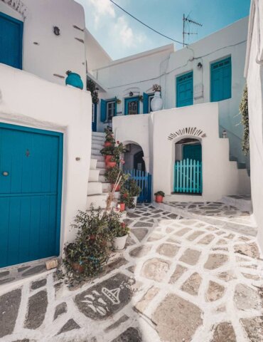 blue windows and doors in whitewashed Greek village - Paros itinerary