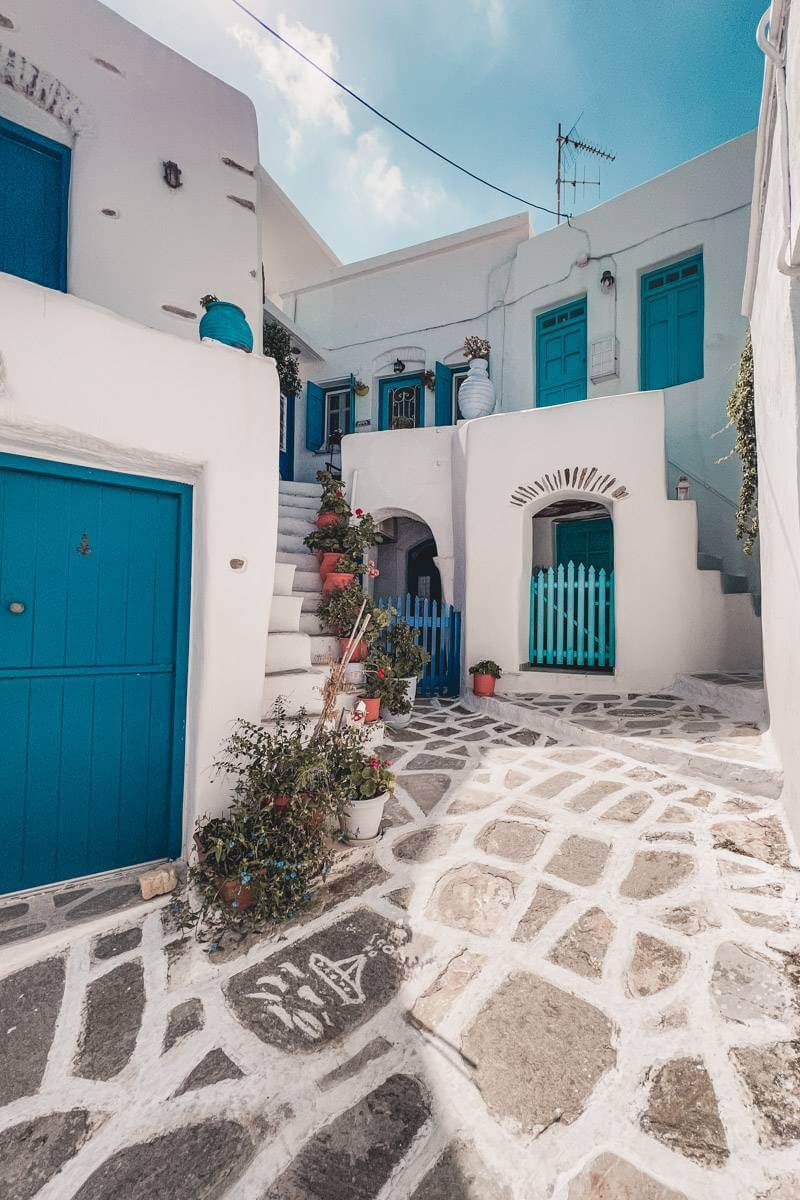 blue windows and doors in whitewashed Greek village - Paros itinerary