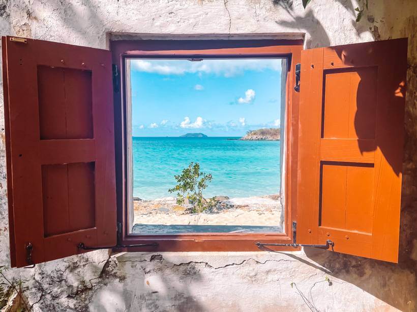 Window at Cinnamon Bay framing the Caribbean Sea