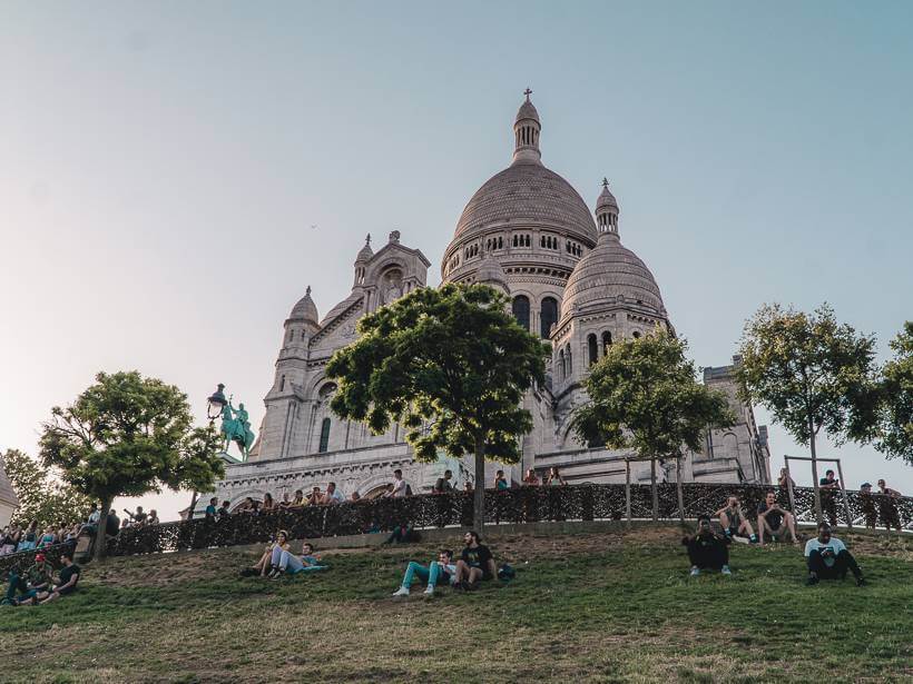 Looking up towards Sacre Coeur domes in Montmartre