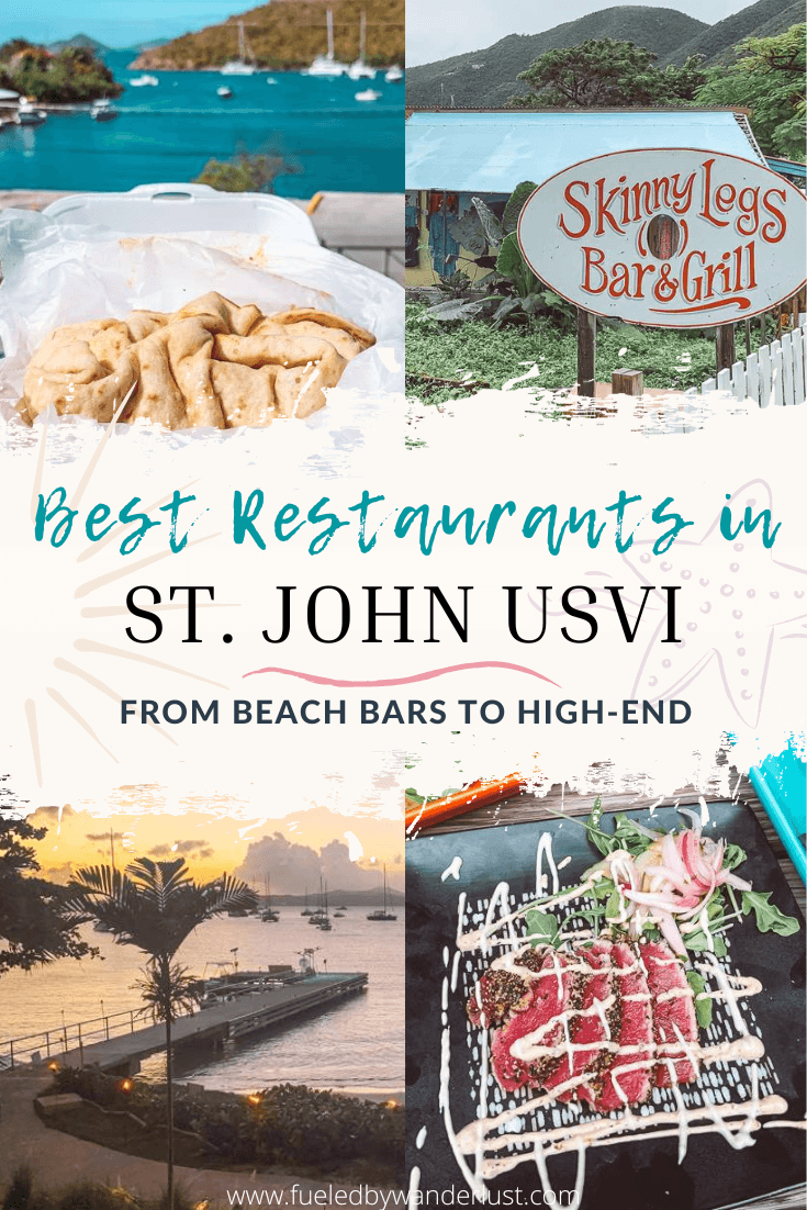 The best restaurants on the rugged island of St. John in the US Virgin Islands. From fine dining to beach bars, there is something for every craving. Also includes where to eat in St. John USVI if you're looking for amazing Caribbean sea views, as well as local food like roti.