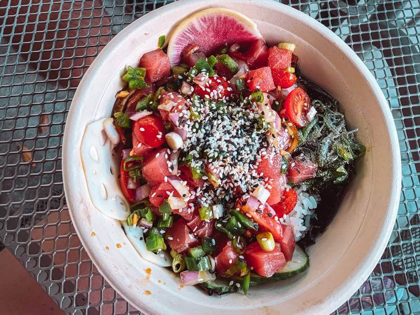 Fresh, bright ahi tuna in poke bowl