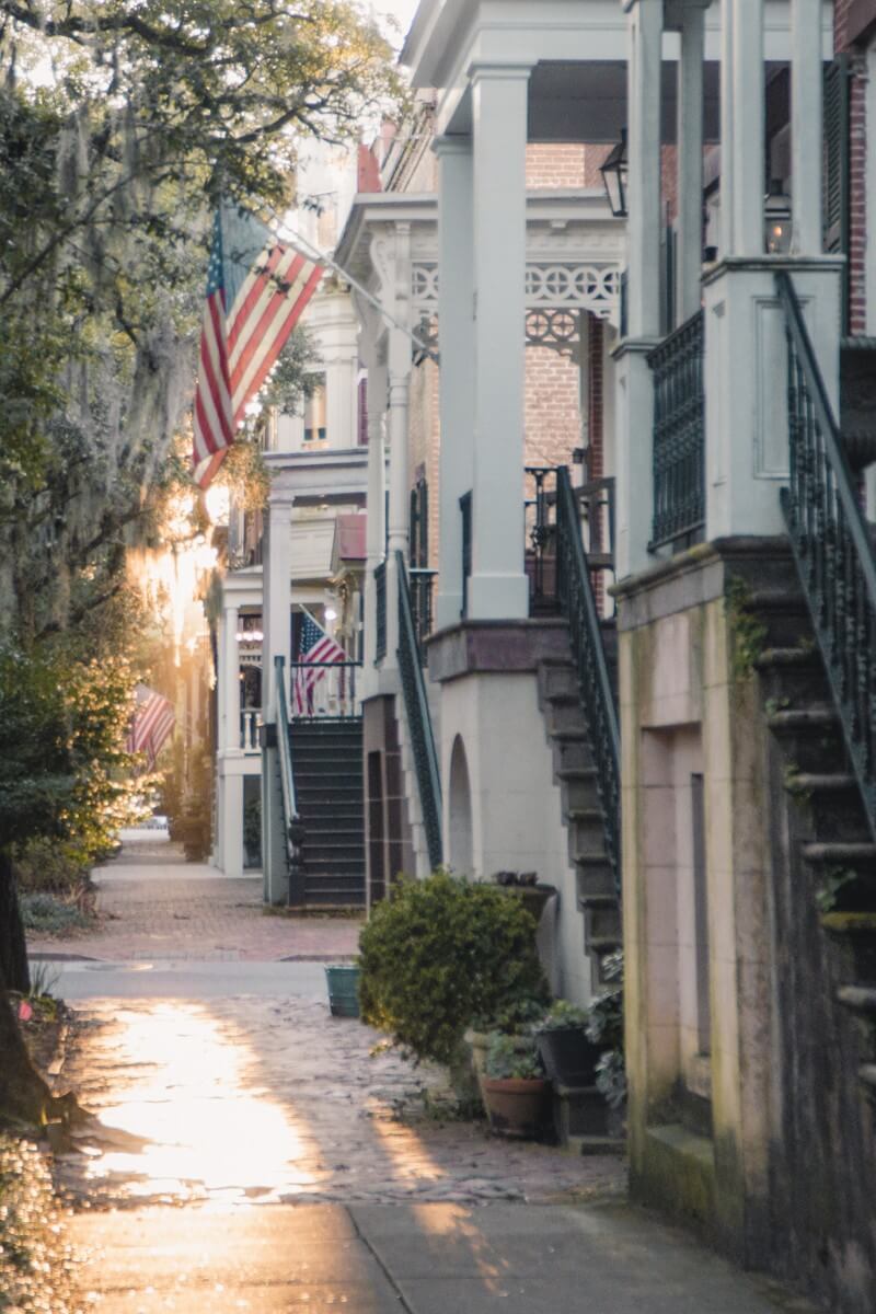 View of Jones Street during sunrise - Charleston SC to Savannah GA road trip