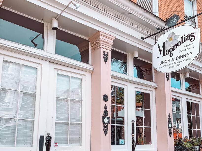 Pink exterior of Magnolia's restaurant - Charleston SC to Savannah GA