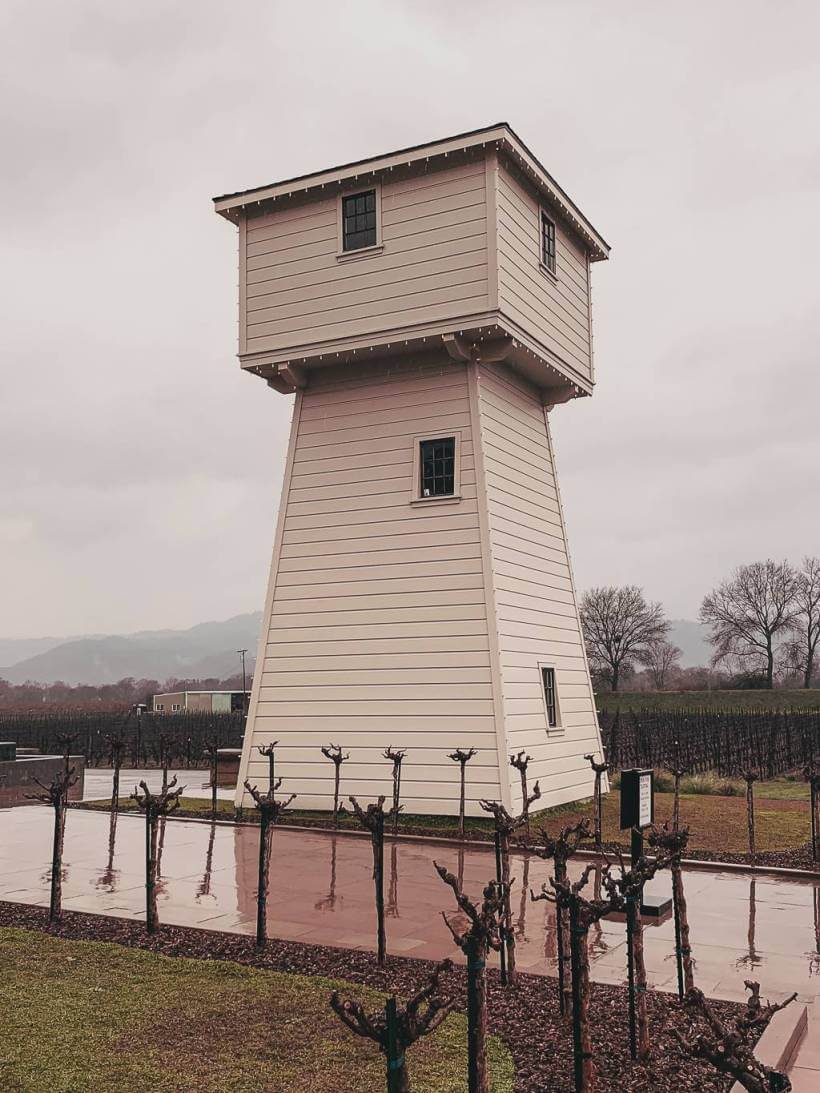 beautiful white tower among vineyards of silver oak winery
