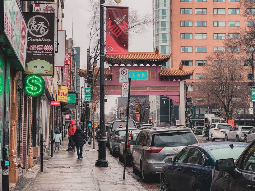 A walk towards the Gate of China Town on Montreal's St Laurent Blvd