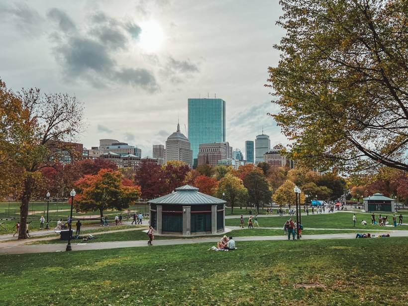 Boston skyline as seen from park with fall foliage