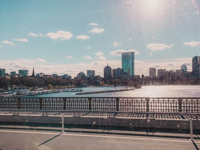River and city views from the train into downtown Boston