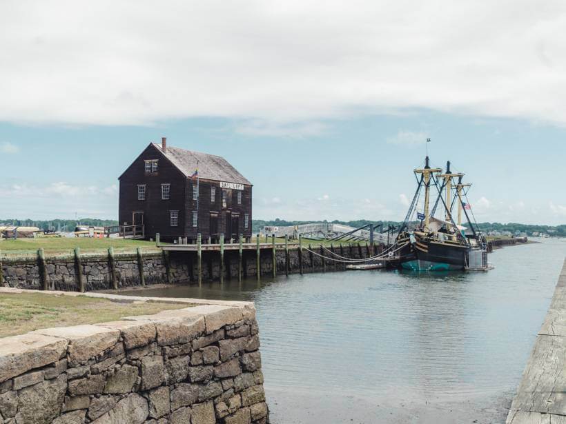 Old warehouse and ship replica at Salem Maritime National Historic Site - Boston and Salem MA