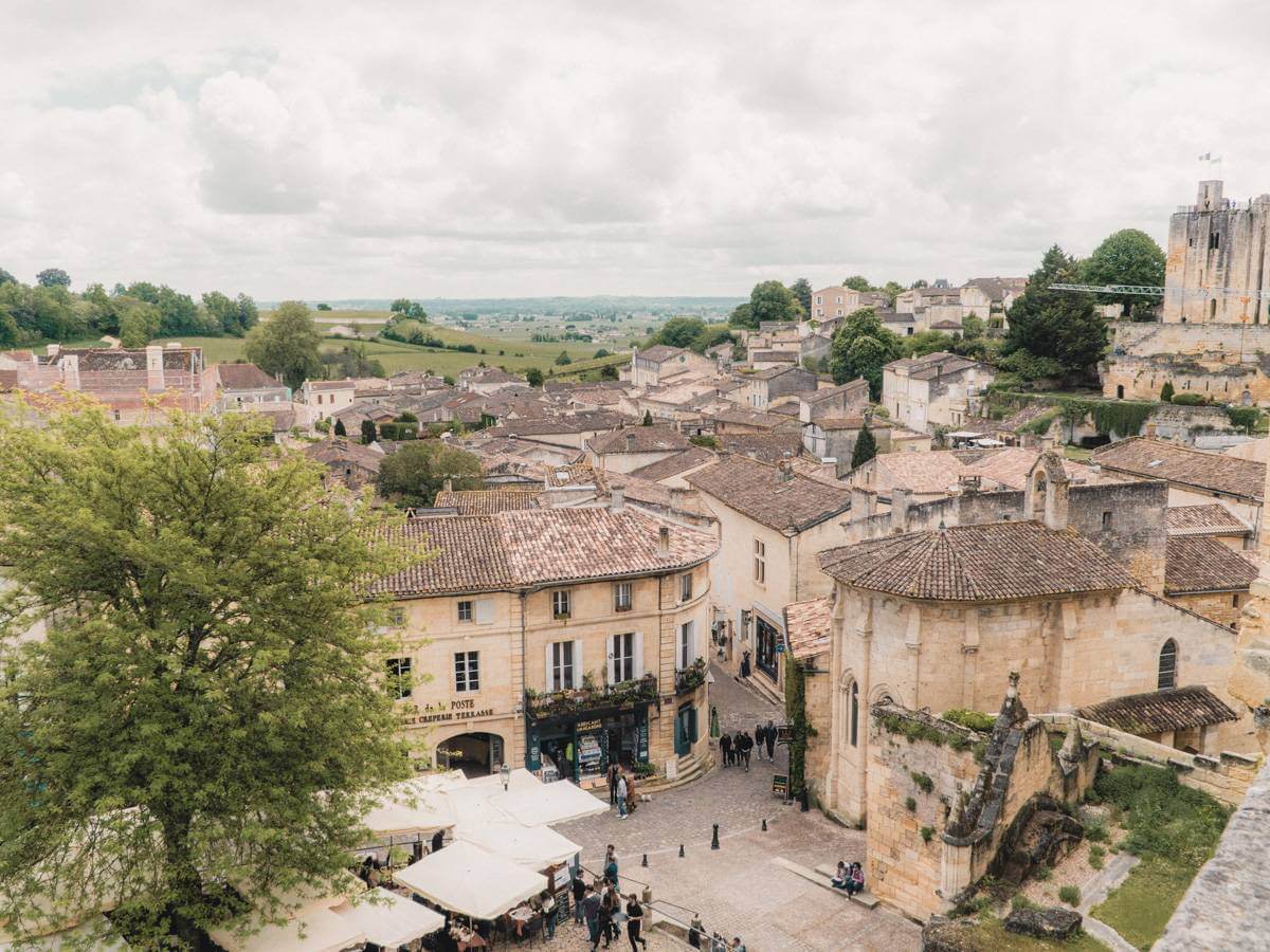 View over the Saint-Emilion market and out to the countryside during a day trip in the Bordeaux region of France