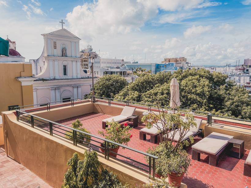 Rooftop pool overlooking church in Old San Juan